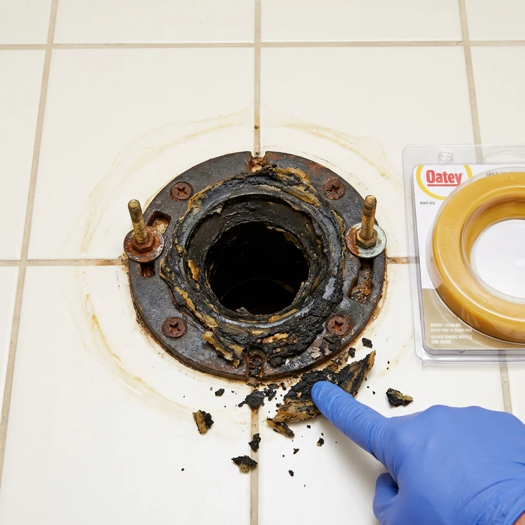 Failed wax ring showing water seepage at the base of a toilet in a Millen, GA home