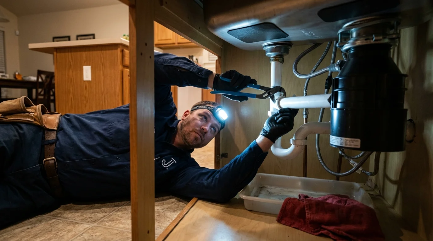 P-trap and supply line connections under a kitchen sink showing a common leak point in Millen, GA